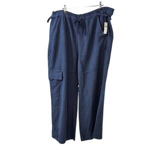 Anthropologie Pilcro Linen Blend Beach Cargo Pants, Blue, Wide Leg, Tie Waist,XL